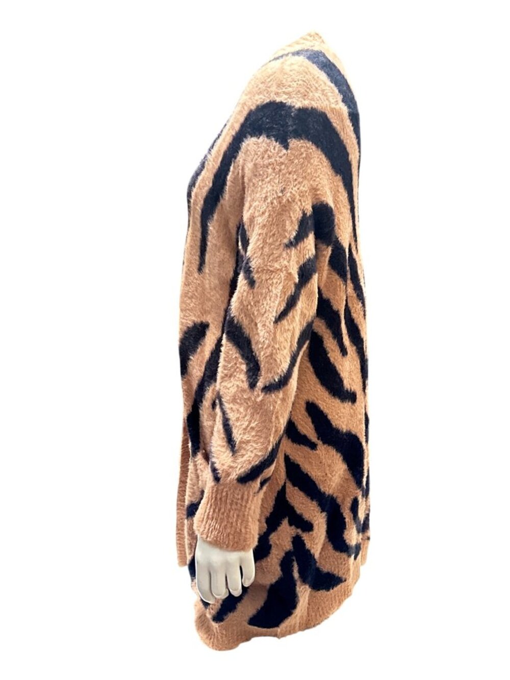 Forever 21 Size Small Beige Black Zebra Cardigan Fuzzy Longline Glam Grunge Cozy - Picture 3 of 10
